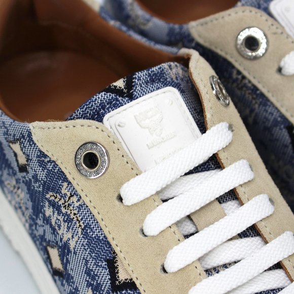 𝐌𝐂𝐌 𝐍𝐞𝐰 𝐢𝐧 𝐁𝐨𝐱 Jacquard Monogram Low Blue Denim Suede Sneakers - Picture 5 of 9